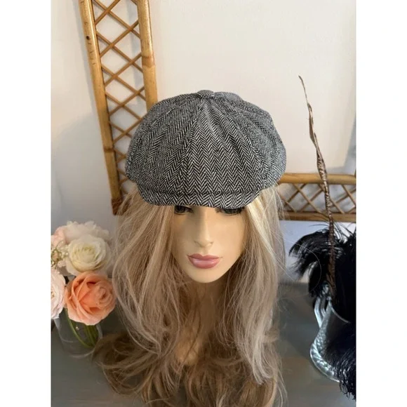Newsboy Paper Boy Baker Boy Cap Gray Herringbone Tweed Hat Unisex OS Vintage - Picture 5 of 16